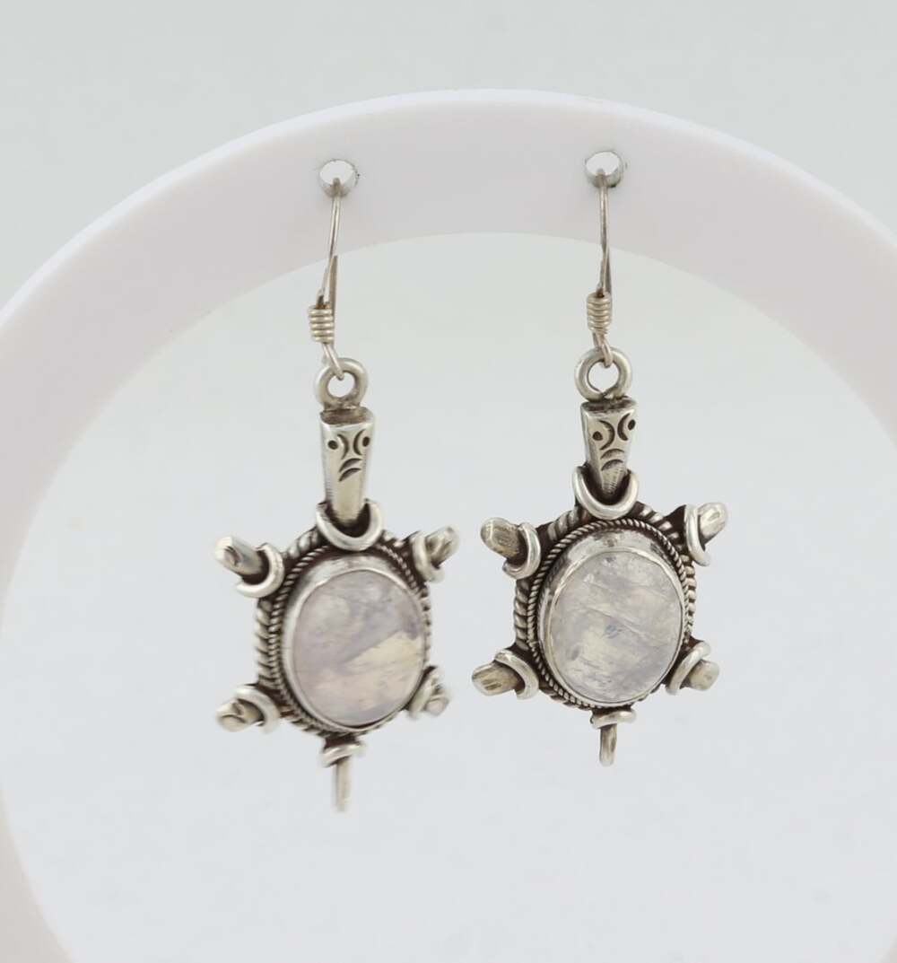 Sterling Silver Natural Moonstone Turtle Earrings Dangle Drop 1 1/2" x 5/8" inch